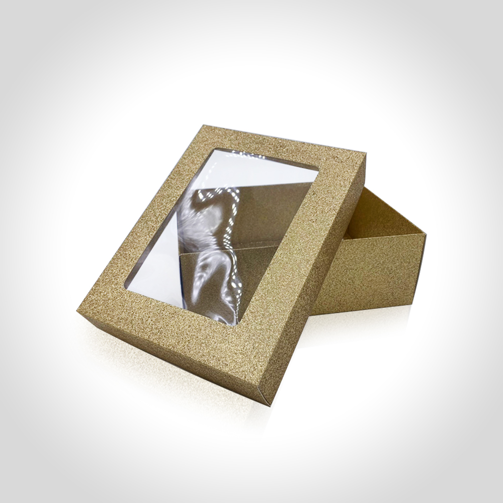 กล่องคราฟท์กากเพชรสีทอง ฝาครอบมีหน้าต่าง 18x14x6.5cm (แพ็ค 12)