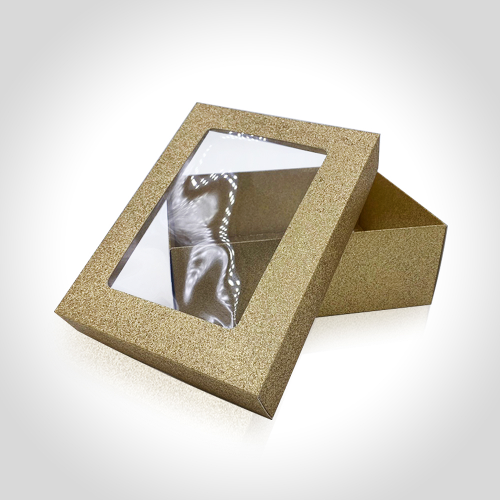 กล่องคราฟท์กากเพชรสีทอง ฝาครอบมีหน้าต่าง 22x17x7.5cm (แพ็ค 12)